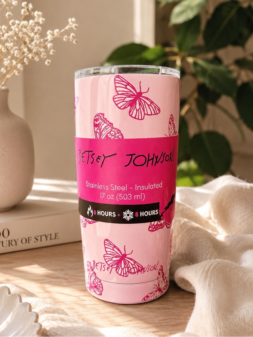 Betsey Johnson Pink Butterfly Insulated Stainless Steel Tumbler- 17 oz